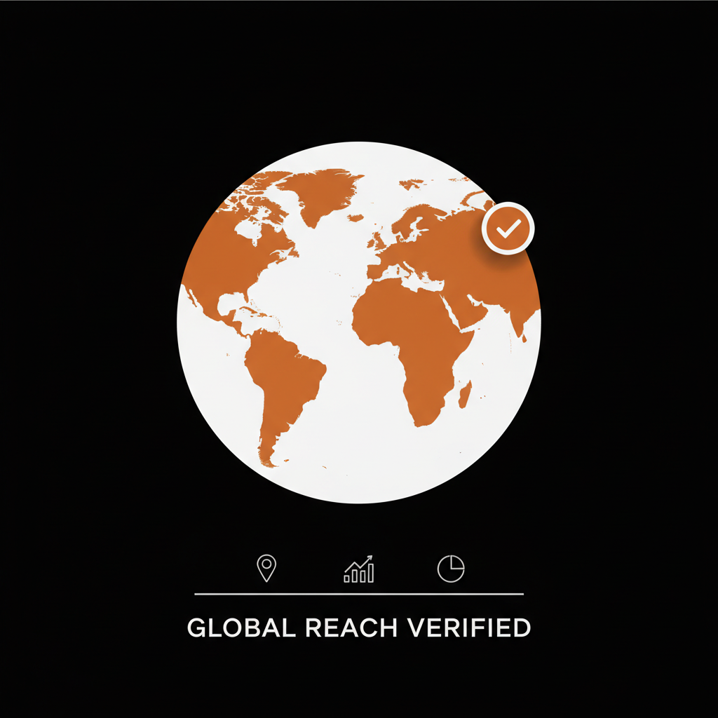 Minimal full-frame infographic: vector globe with highlighted regions and a verification badge overlay, muted text and accents in Social Success Hub palette — meta verified