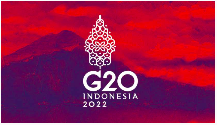 Logo of G20 Indonesia 2022with red mountain background. G20 Indonesia, Indonesia Sustainable Energy Transition, Indonesia Sustainable Development Agenda. CarbonEthics Indonesia