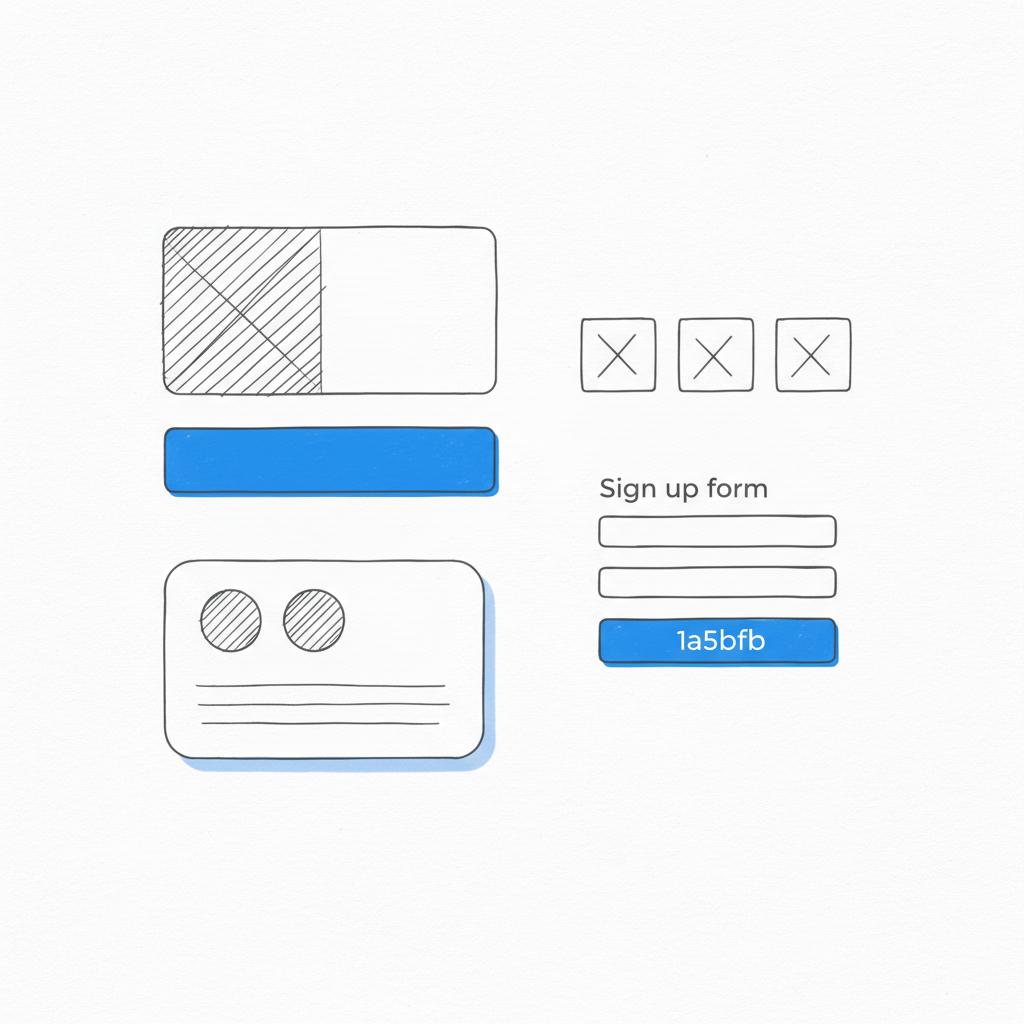 Hand-drawn landing page wireframe sketch with headline area, three image placeholders, short signup form and testimonial block with #1a5bfb CTA accents &mdash; Google Ads