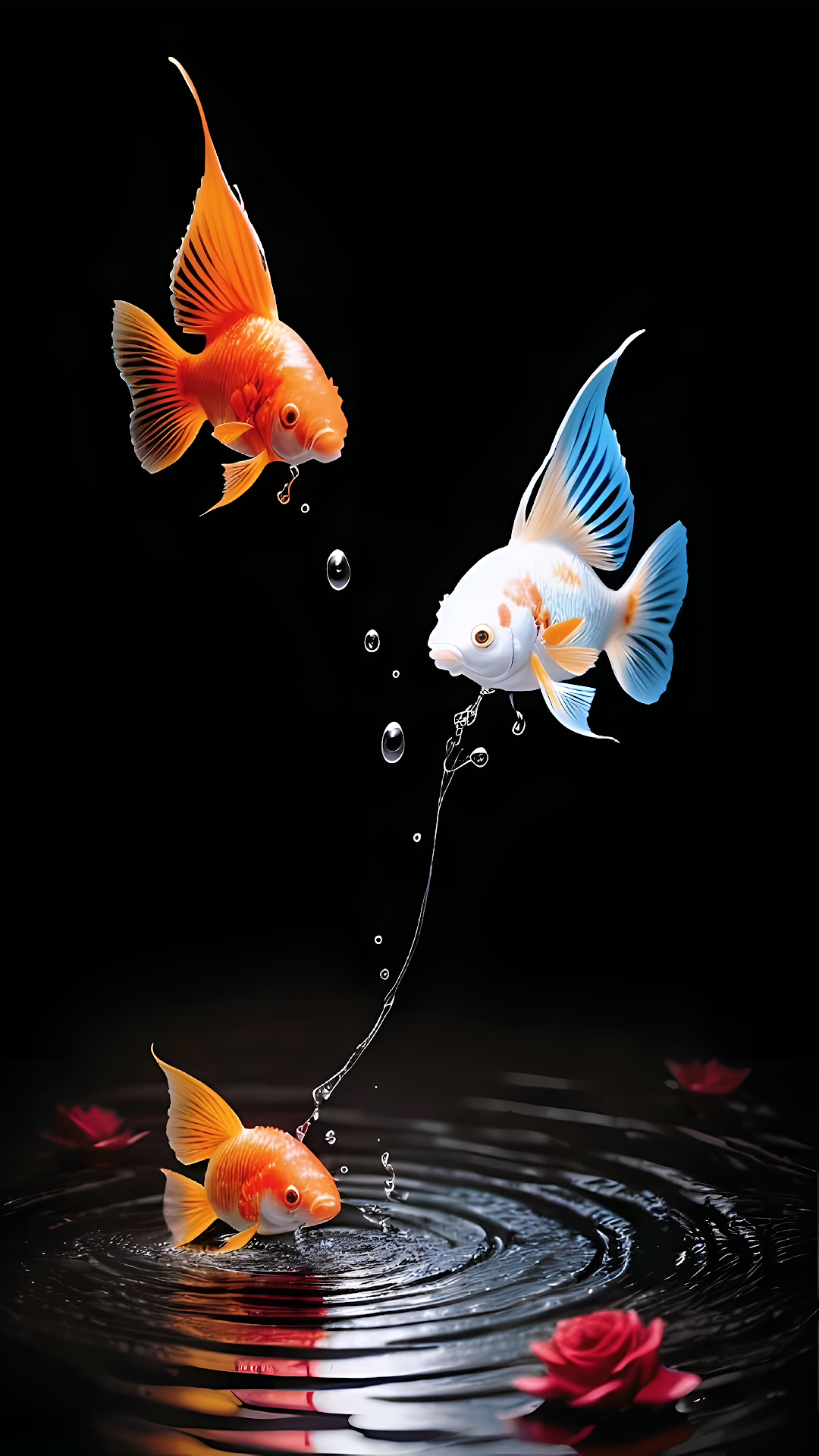 Three Goldfish Leaping Above Water with Floating Roses - Free 4K mobile Wallpaper