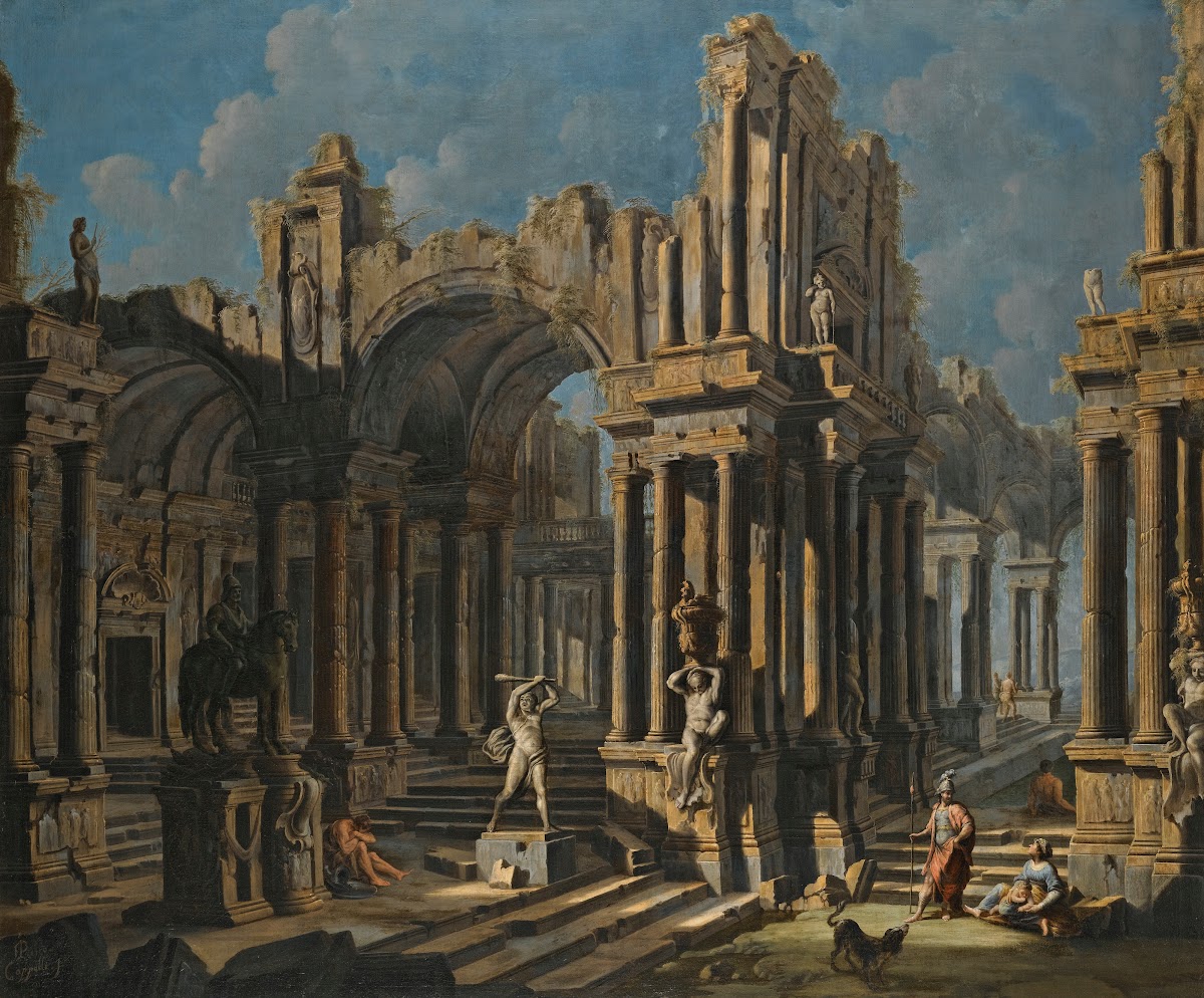 An Architectural Capriccio With A Statue Of Hercules And Figures In Classical Co