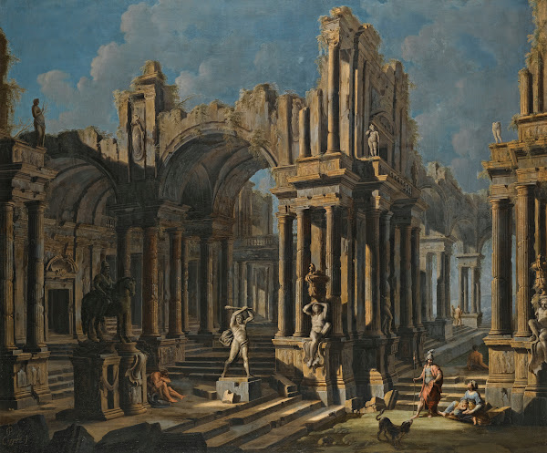 An Architectural Capriccio With A Statue Of Hercules And Figures In Classical Co
