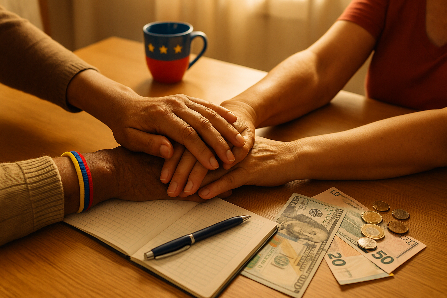 Manos de venezolanos unidas sobre una mesa con billetes y una libreta de ahorros