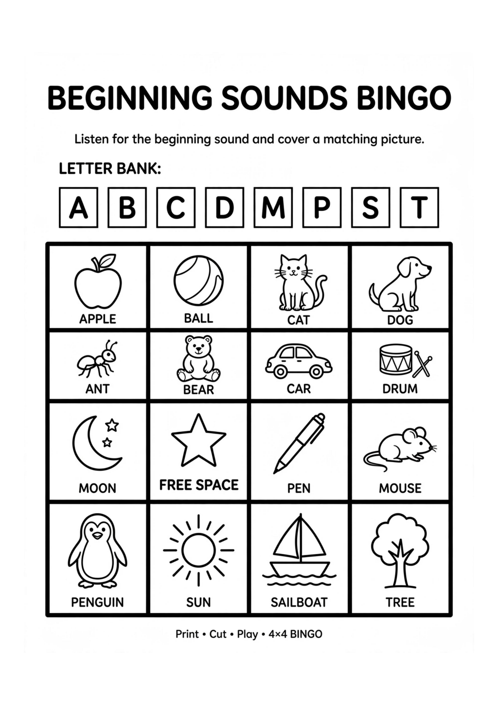 Beginning Sounds Bingo Worksheet