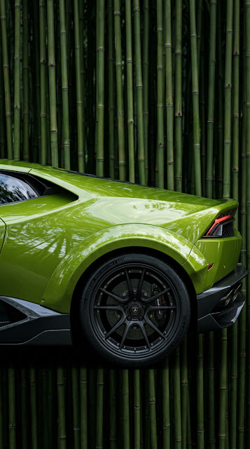 Lime Green Sports Car parked by Bamboo Stalks - Free mobile Wallpaper