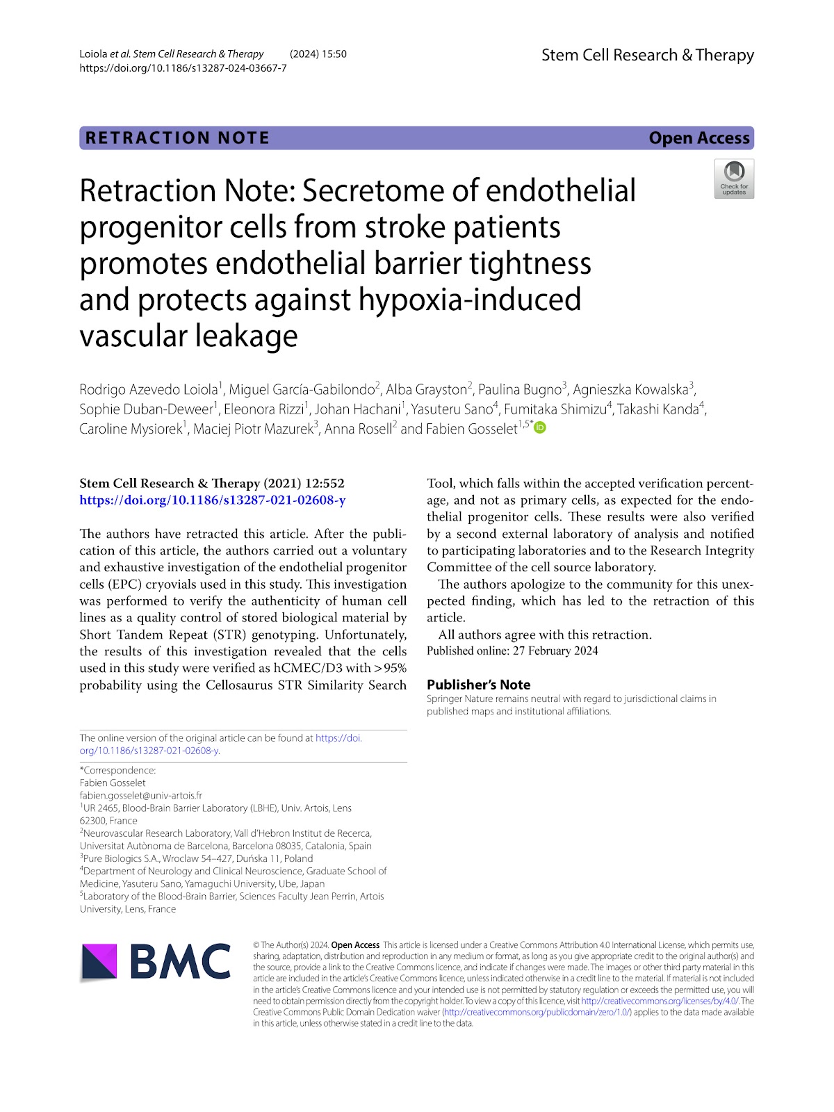 Retraction Note: Secretome of endothelial progenitor cells from stroke patients promotes endothelial barrier tightness and protects against hypoxia-induced vascular leakage
