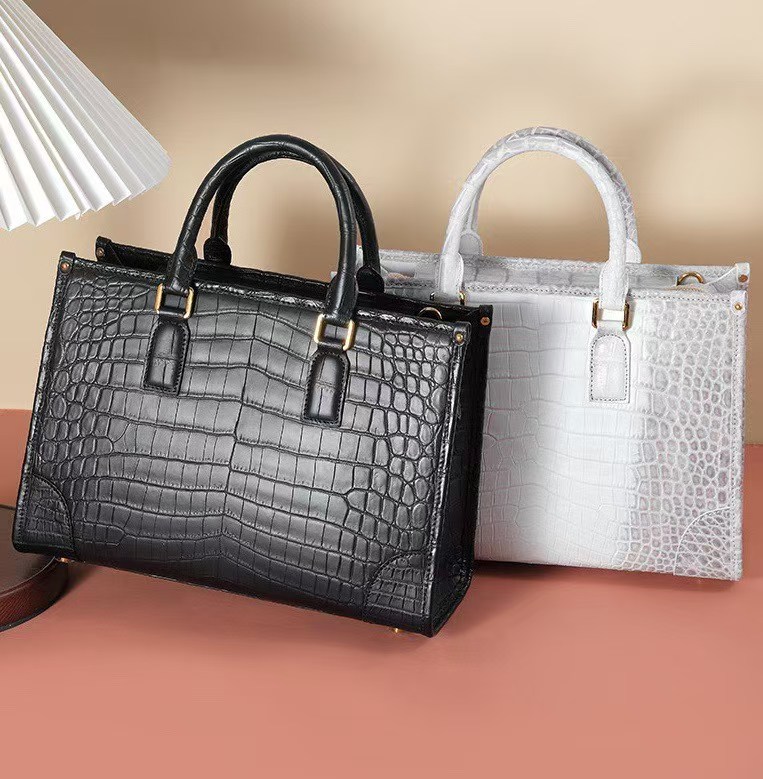 Himalayan white genuine crocodile belly leather structured tote handbag with gold hardware for women - detail 1