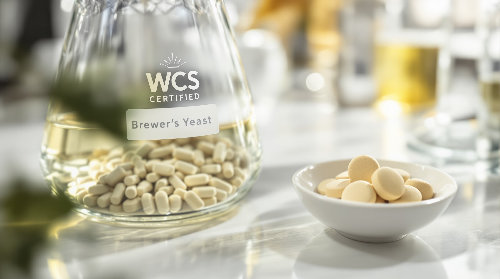 WCS 인증 라벨이 붙은 유리 비커와 동결건조 맥주효모 정제들
