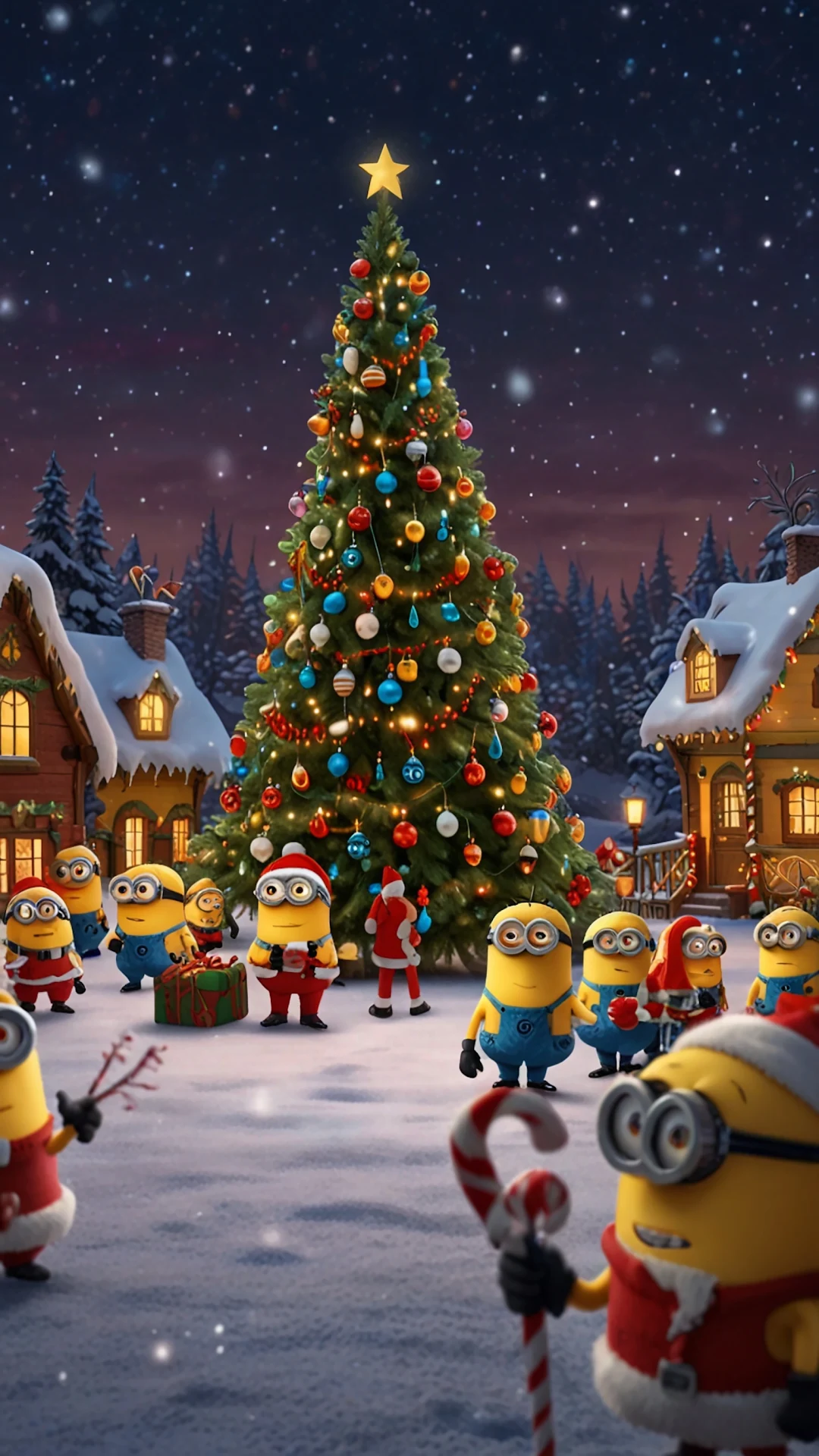 Minions Celebrating Christmas Around Giant Tree in Snow - Free 4K mobile Wallpaper