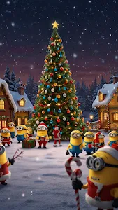 Minions Celebrating Christmas Around Giant Tree in Snow