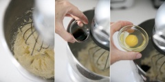 Trong tô lớn trộn đều 130g bột mì đa dụng với 1 muỗng cà phê bột nở. Cho vào máy trộn gồm đường 200g đường trắng và 190 bơ lạt để mềm, đánh tan và quyện đều. Sau đó thêm vào tinh chất vani và trứng gà, đánh tiếp quyện đều. Tiếp đến thêm trái hồng xay, trộn đều rồi rắc từ từ hỗn hợp bột mì vào trộn thành hỗn hợp đồng nhất. Cho vào ngăn đông tủ lạnh khoảng 30 phút.