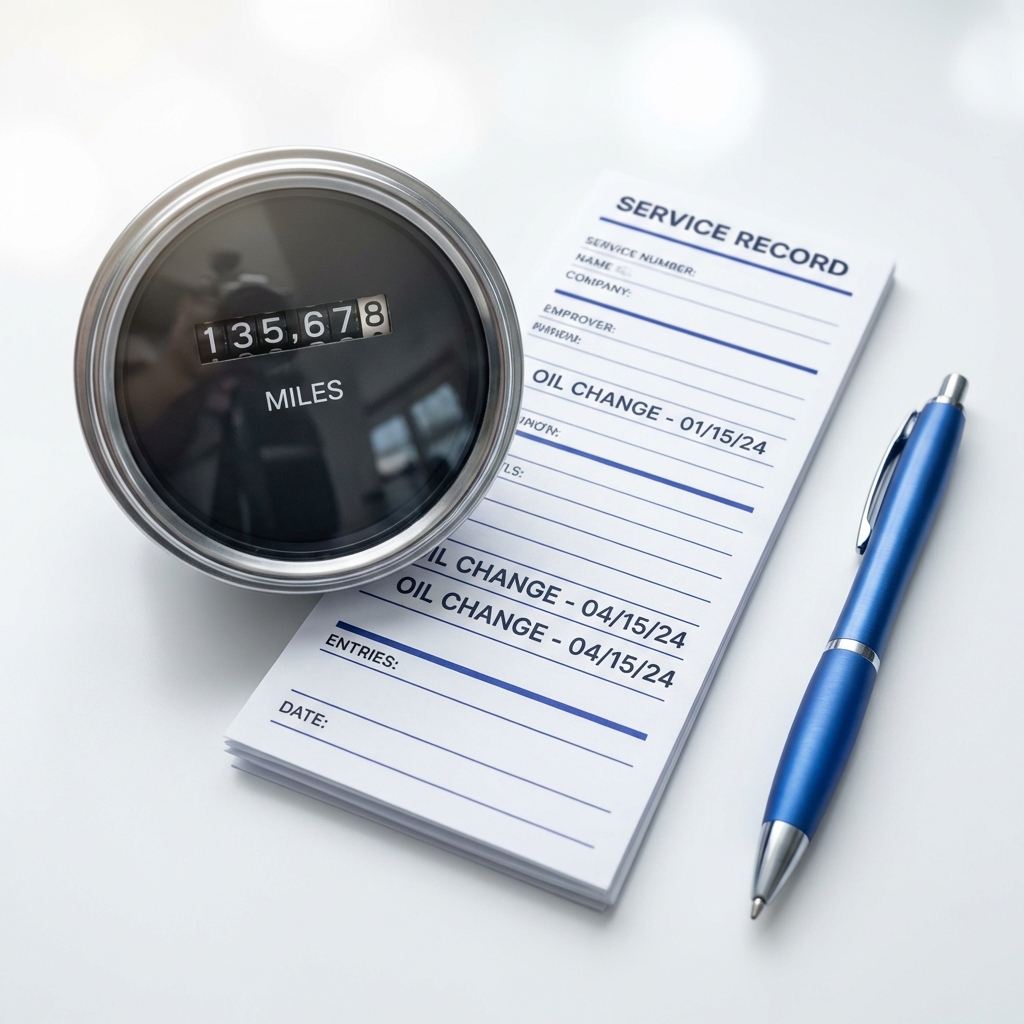 Close up of an odometer and printed service record with a pen on white background showing maintenance details for an audi q3 for sale