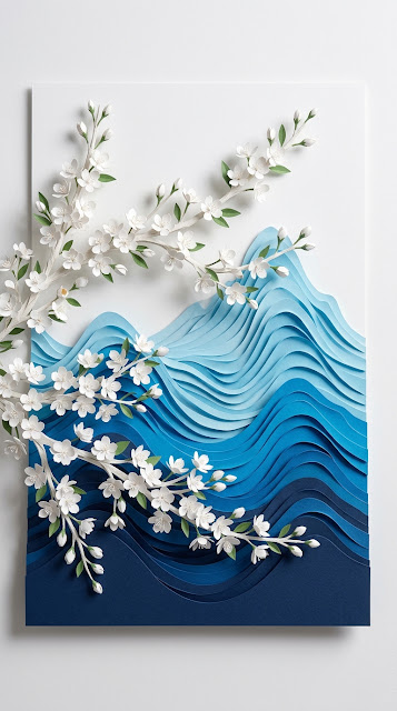 Stunning Blue and White Papercraft Flowers and Mountains - Free mobile Wallpaper