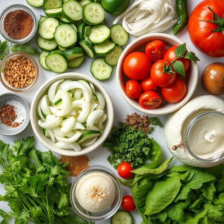 Ingredients for Easy Crisp Cucumber, Onion, and Tomato Salad for Fresh Flavor Bliss
