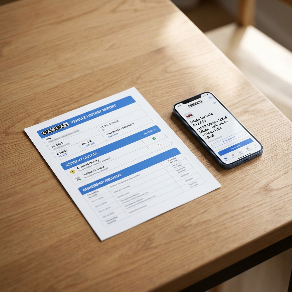 Close up of a printed vehicle history report next to a smartphone displaying a miata for sale listing on a wooden table in clean minimalist CarFax Deals style