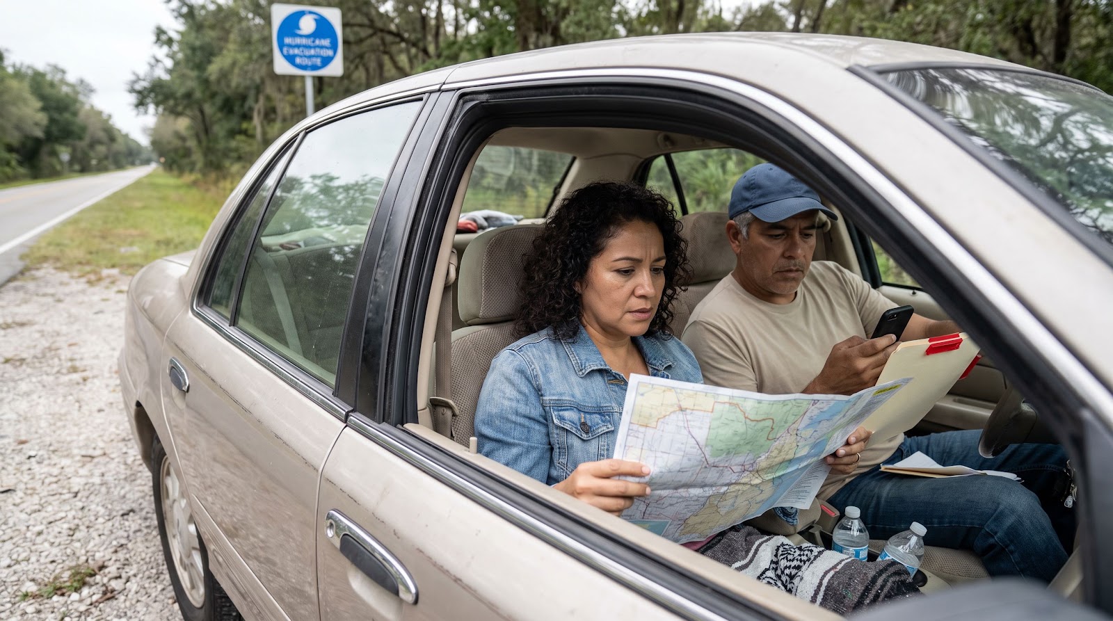 Pareja hispana revisando ruta y documentos dentro del auto para seguro auto preparacion huracan florida antes de evacuar