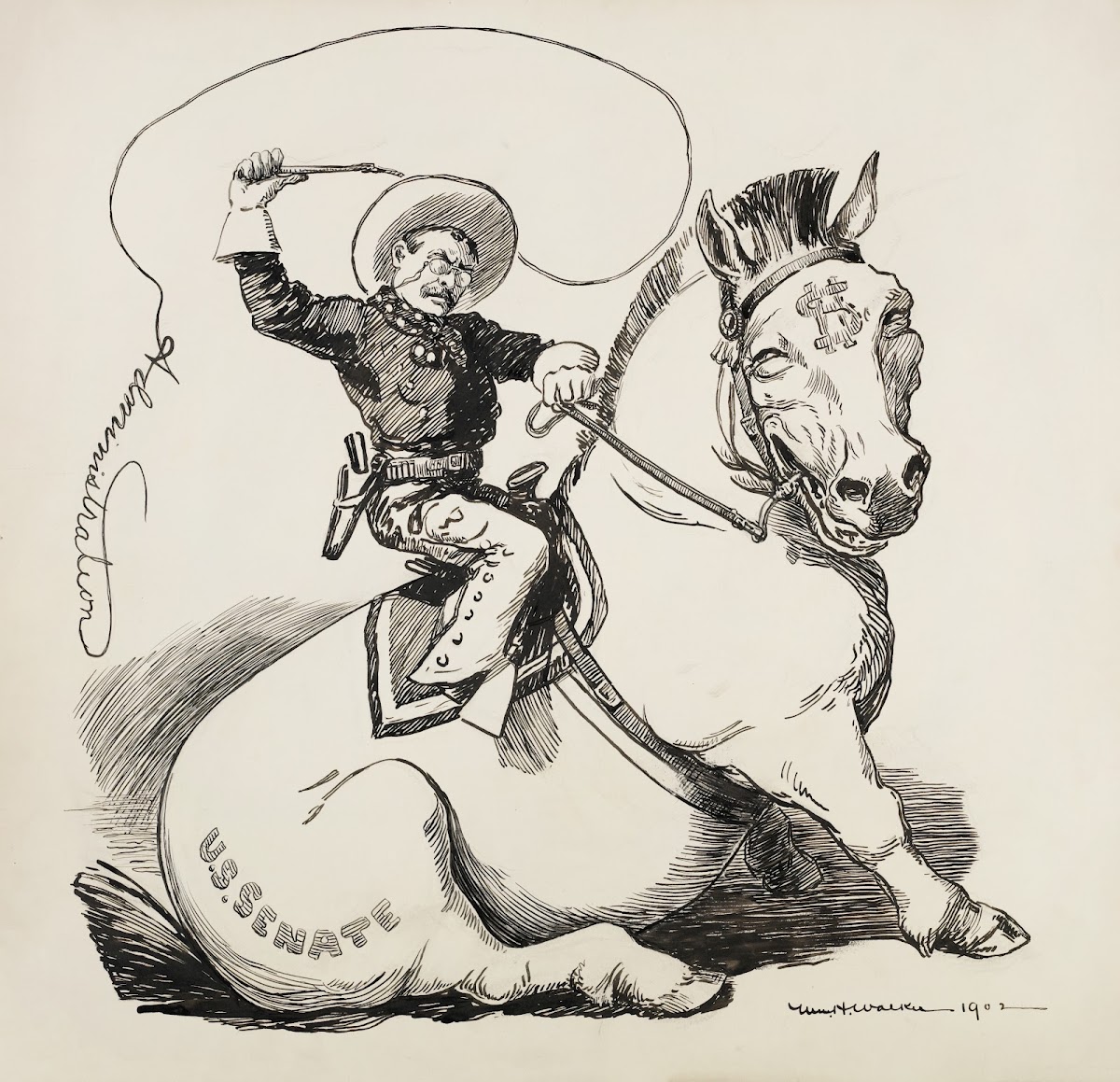 Theodore Roosevelt depicted as a cowboy tries to ride a horse representing the S