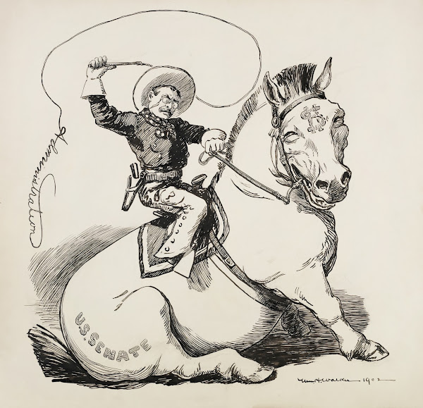 Theodore Roosevelt depicted as a cowboy tries to ride a horse representing the S