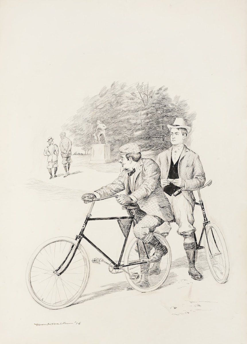 Two men with bicycles in a park 1896