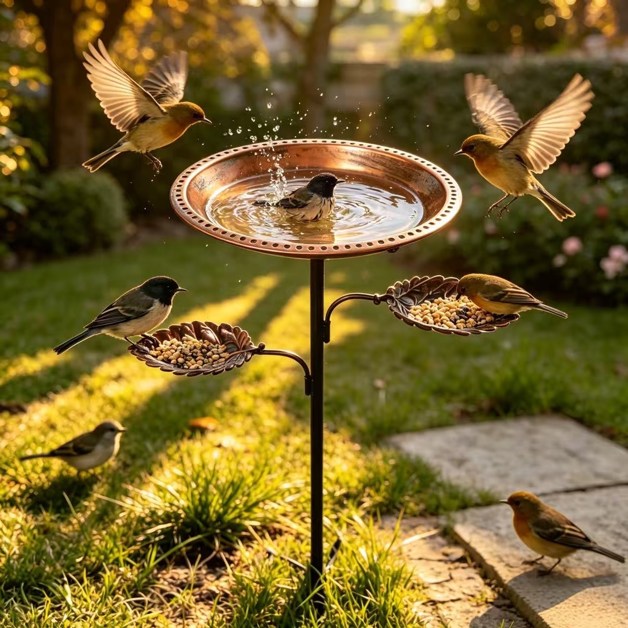 Metal birdbath and feeding station, leaf design