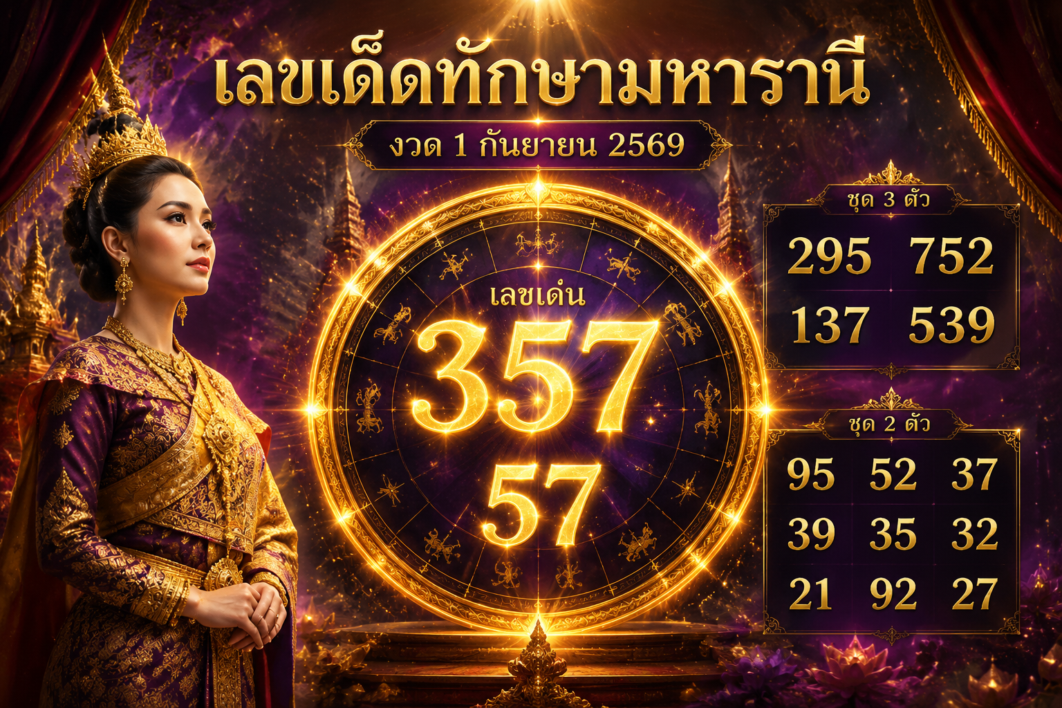 เลขเด็ดทักษามหารานี งวด 1 กันยายน 2569 ส่องตารางเลขเด่น 2 ตัว 3 ตัวตรง