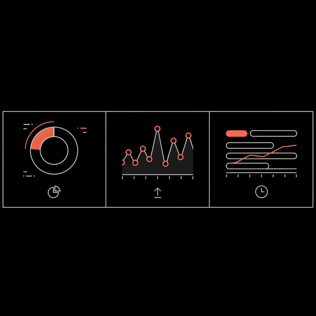 Minimal 2D vector dashboard infographic showing share-of-voice donut, traffic spikes line chart, and sentiment timeline on black background in Social Success Hub brand colors for a public relations expert.