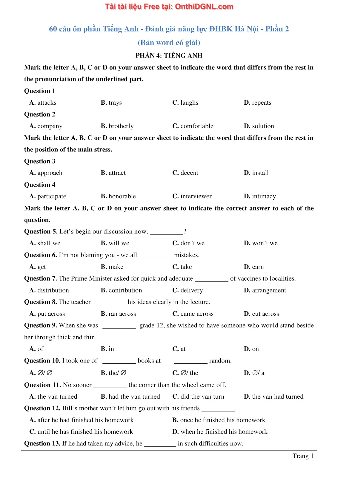 660 bài tập môn Tiếng Anh - Ôn thi ĐGNL ĐHBK Hà Nội Phần 2