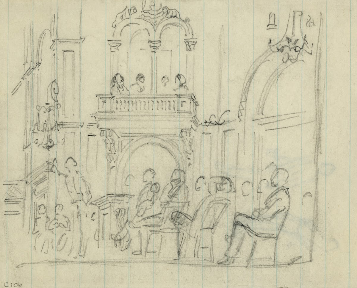 Interior of building with seated figures 1860 1865