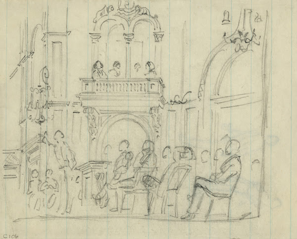 Interior of building with seated figures 1860 1865