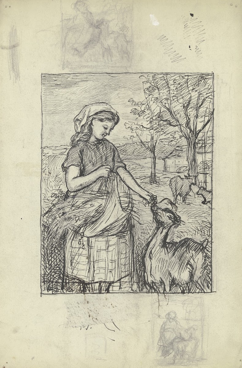 Stehendes Mädchen eine Ziege fütternd ca 1869