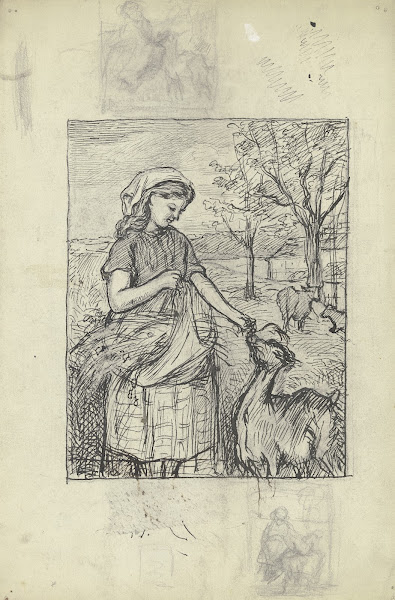 Stehendes Mädchen eine Ziege fütternd ca 1869