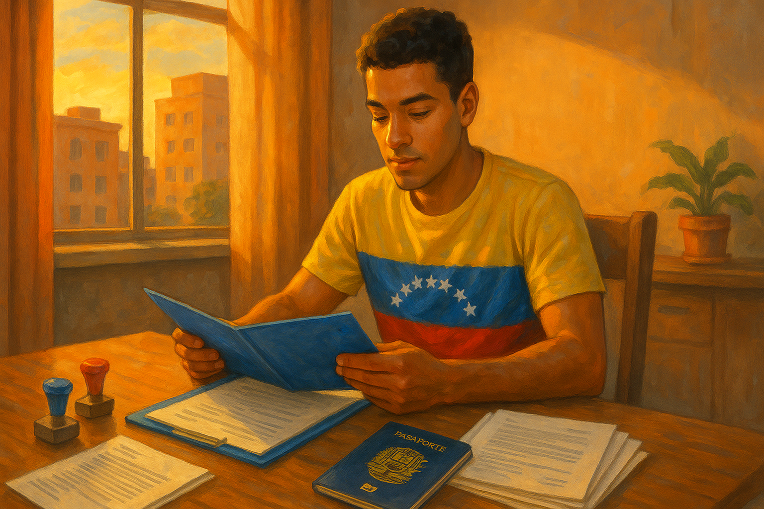 venezolano en el exterior revisando documentos apostillados y carpeta de trámites