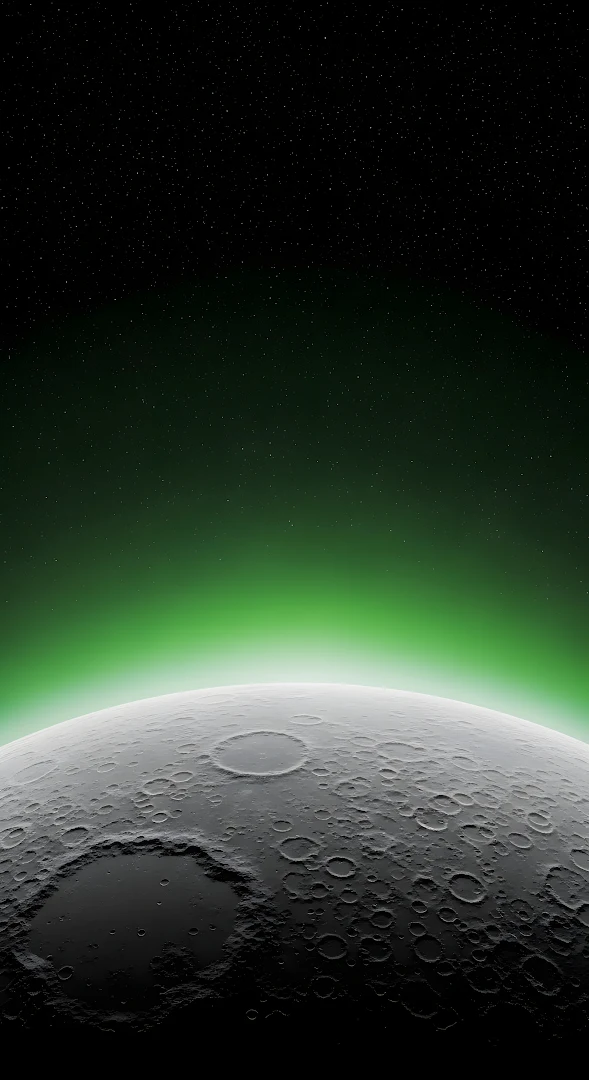 Cratered Lunar Surface with Green Aurora Glow in Space