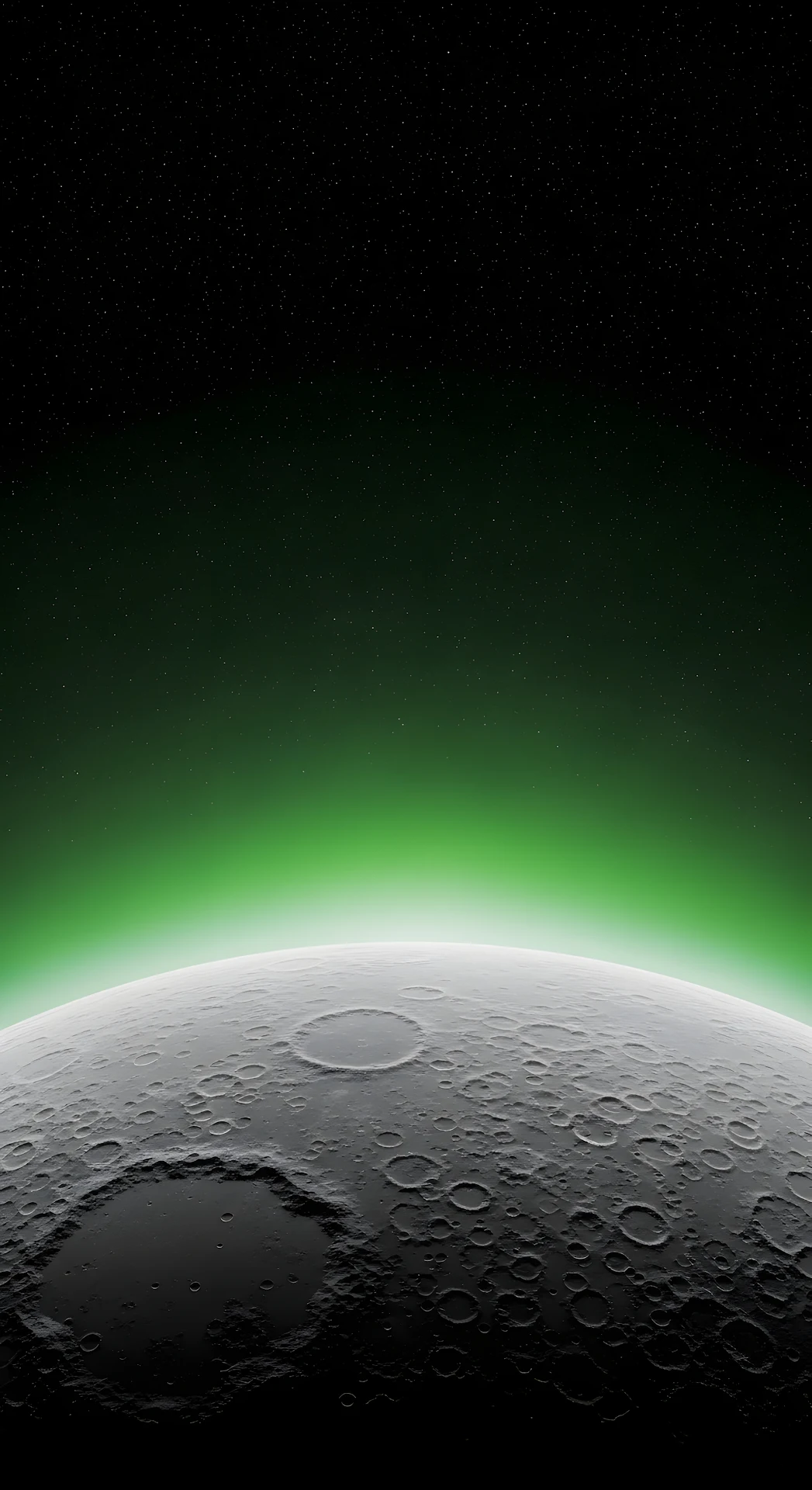 Cratered Lunar Surface with Green Aurora Glow in Space - Free 4K mobile Wallpaper
