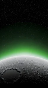 Cratered Lunar Surface with Green Aurora Glow in Space