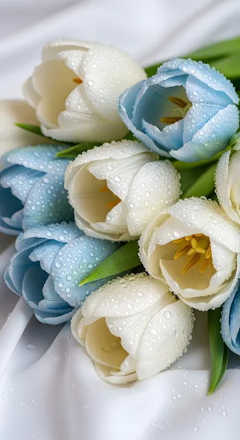 Fresh White and Pastel Blue Tulips with Water Droplets