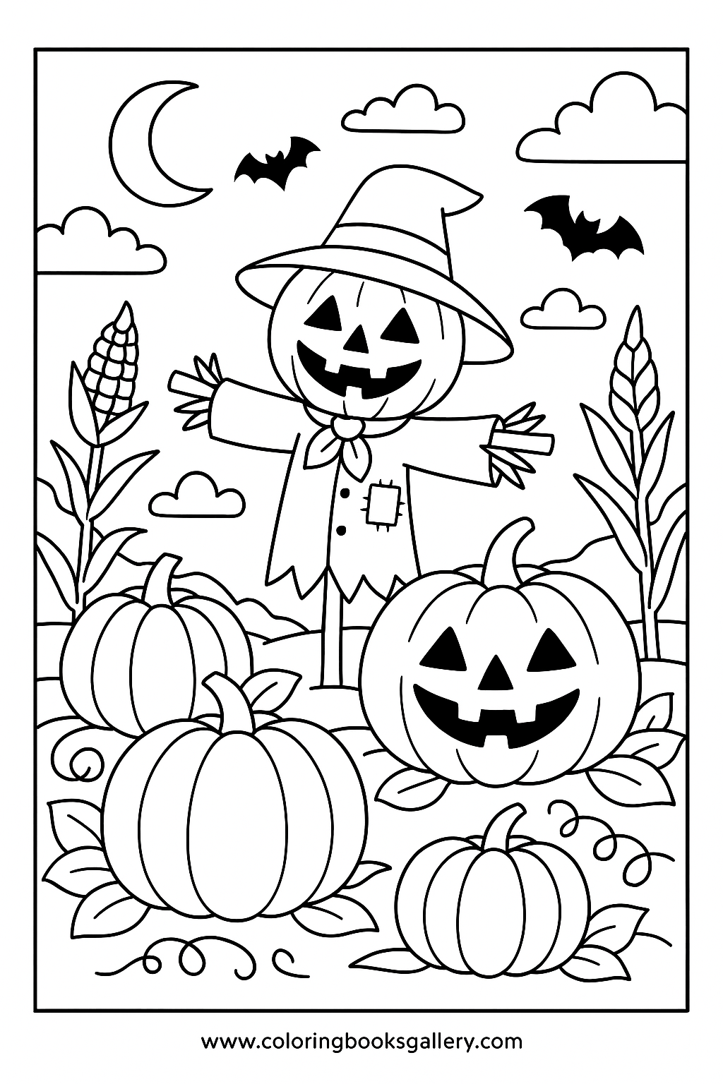 Scarecrow in a Halloween field free printable coloring sheet for kids and adults