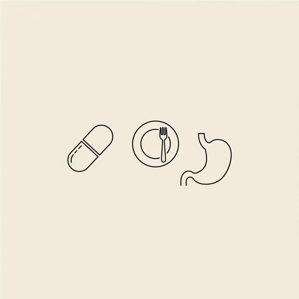 Minimal Tonum-style line illustration of a capsule, a small plate with fork, and a stylized stomach on a beige background, visualizing when to take berberine