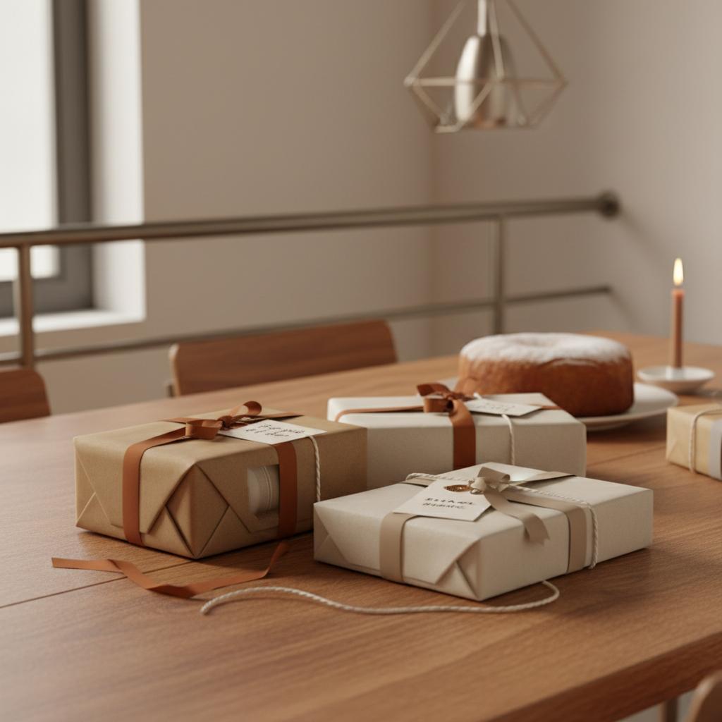 Nahaufnahme eines aufgeräumten Esstisches mit dezent verpackten Geschenkideen und einfachem Vanillekuchen, warme Holzoberfläche und feine Metallakzente im Steelmonks-Stil.