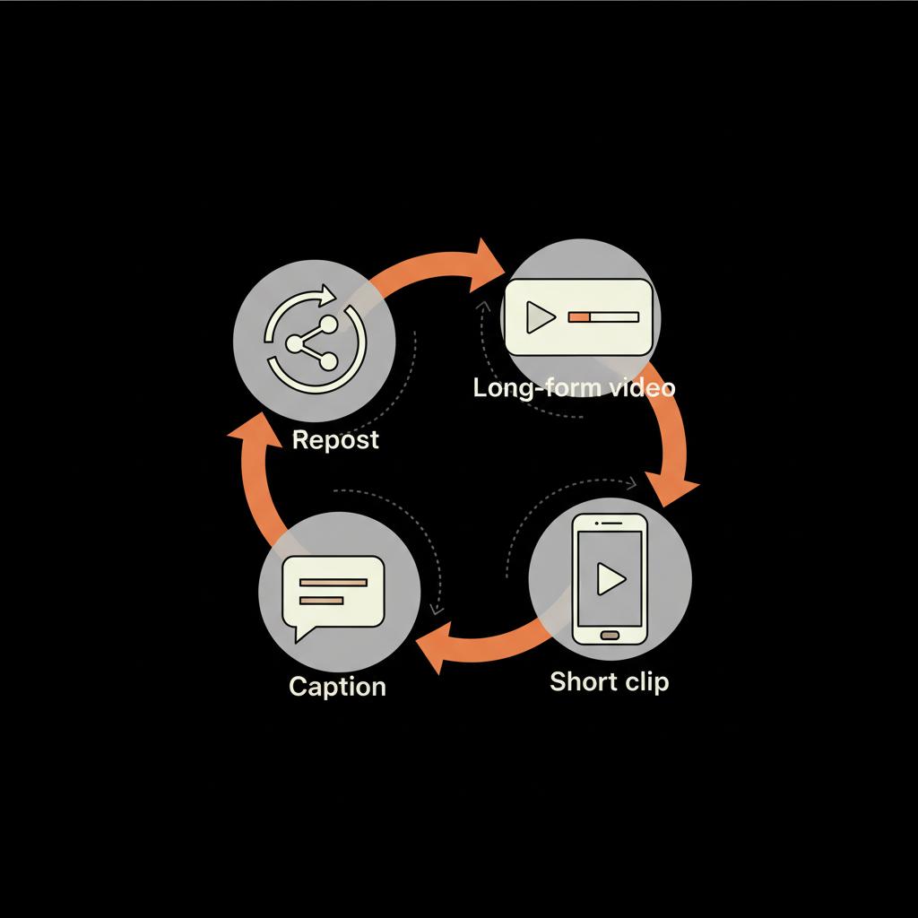 Minimal vector infographic showing a TikTok content repurposing cycle: long-form video, short clip on phone, caption bubble, and repost arrows connected by orange arrows on black background