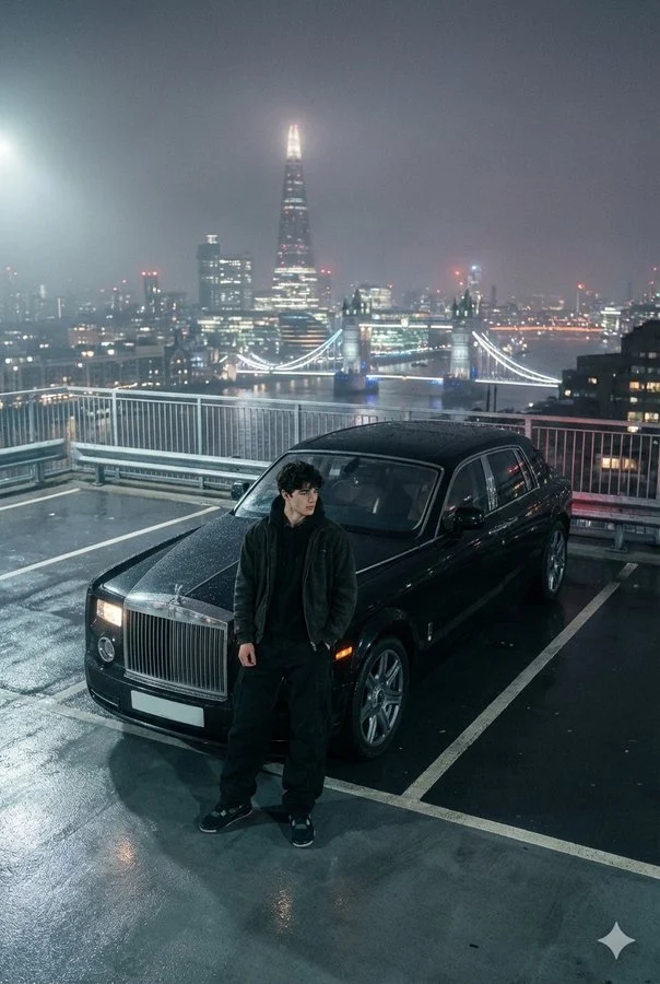 Un joven con pantalones y chaqueta negros holgados posa frente a su Rolls-Royce en un estacionamiento en la azotea con el horizonte de Londres de noche, capturado con una estética sombría y brumosa con una Canon EOS R5.