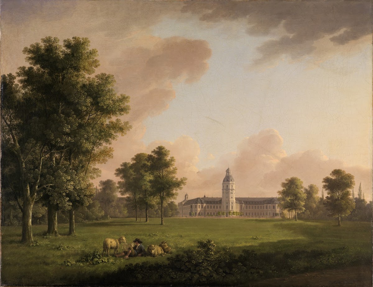 Blick auf das Karlsruher Schloss vom Schlossgarten aus 1804