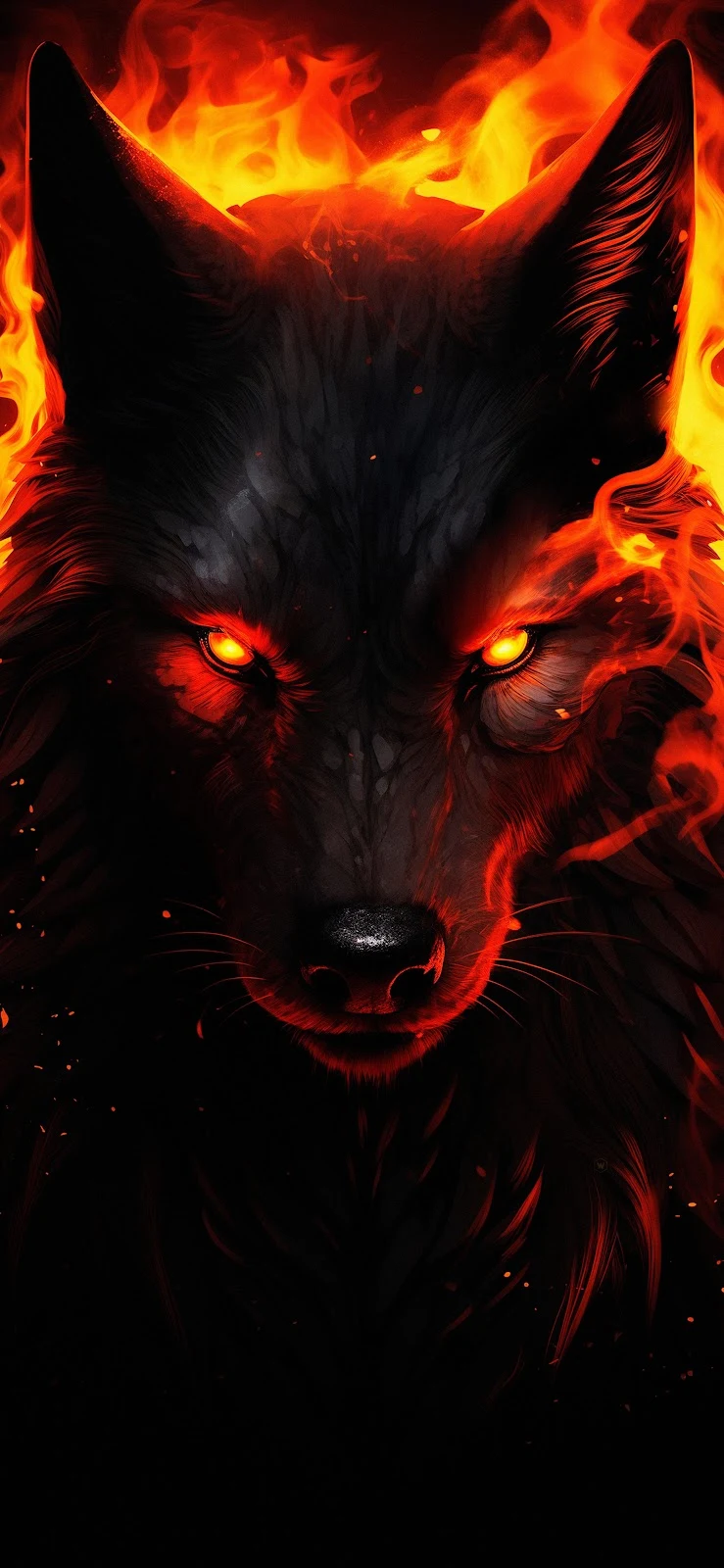 Black Wolf With Fire Mane - Digital Fantasy Art 4K iPhone Wallpaper (2516x5451)