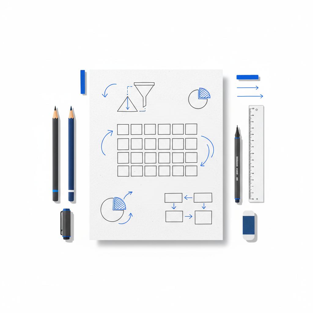 Minimalist 2D vector flatlay of a notebook sketch showing an ad-testing matrix with pencils and a ruler on a white background &mdash; Is PPC just Google Ads?