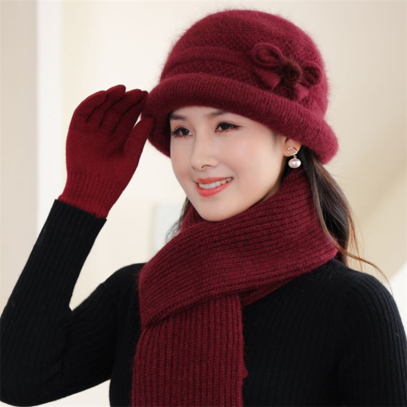 Knitted hat with scarf and gloves, women's, winter