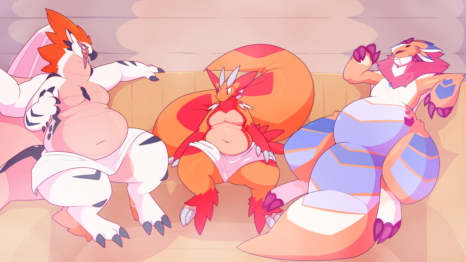 Three chubby dragons in a sauna