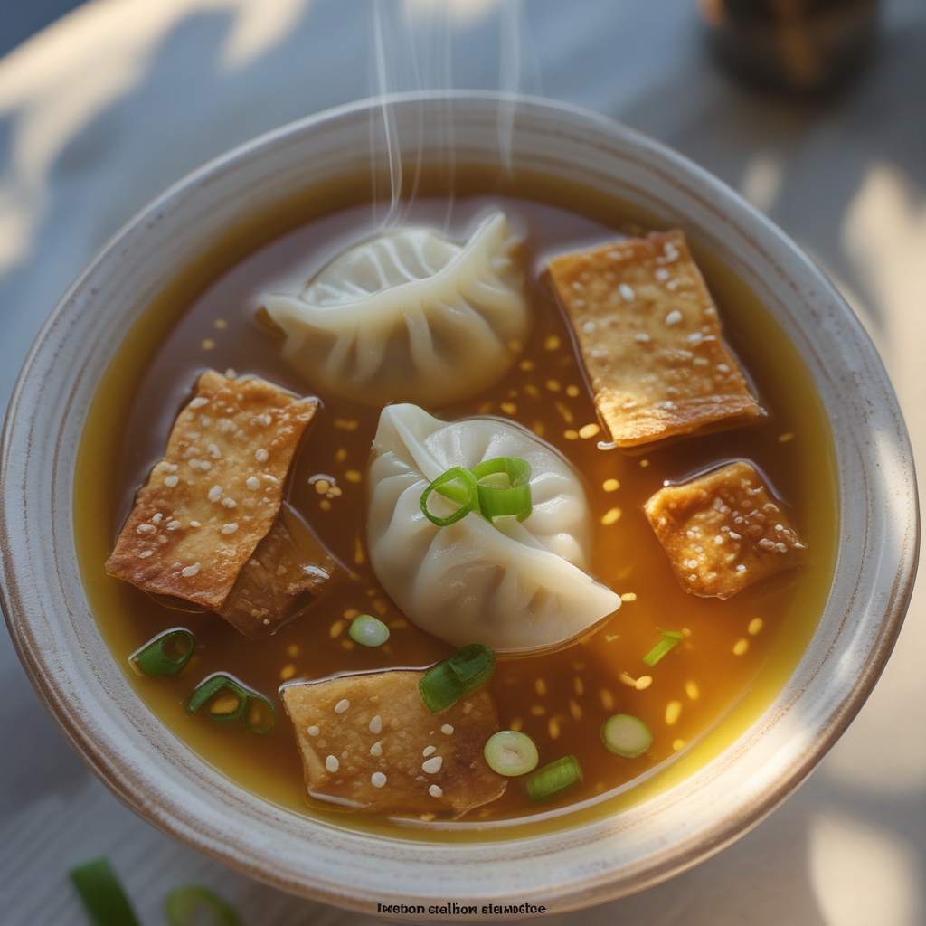 Ginger-Scallion Cod & Shrimp Dumpling Soup with Wonton Crisps