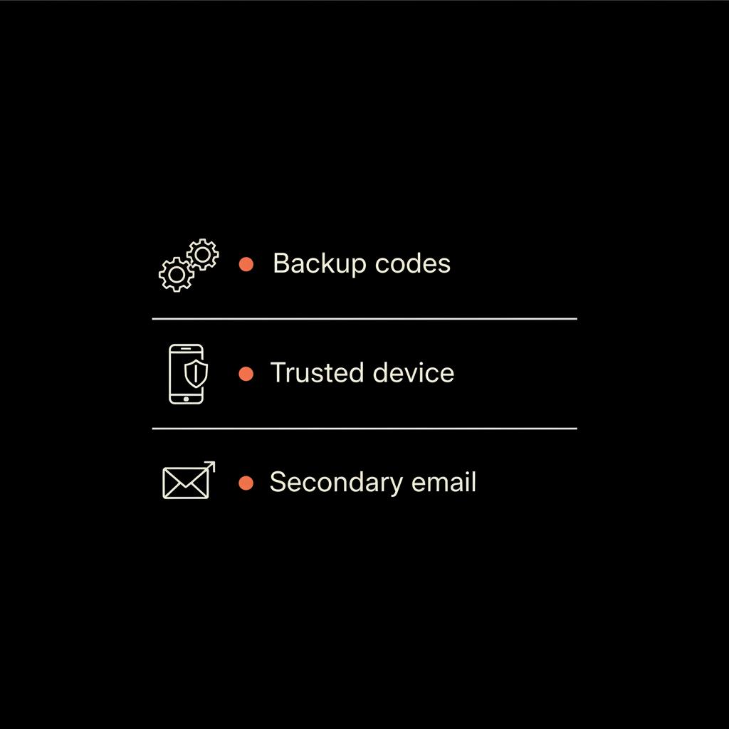 Minimal infographic checklist on black background with vector icons for backup codes, trusted device, and secondary email to verify my Google Account