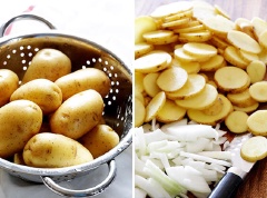 Ức gà rửa sạch, thái miếng vuông nhỏ. Khoai tây gọt sạch vỏ rồi thái lát không quá dày. Dùng khoảng 1/2 trái chanh, thái thành những lát tròn mỏng. Tỏi, hành tây bóc vỏ băm nhỏ. Làm nóng lò ở 425 độ F tương đương với 220 độ C.