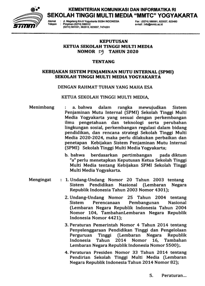 SK No 59 Tahun 2020 tentang Kebijakan SPMI